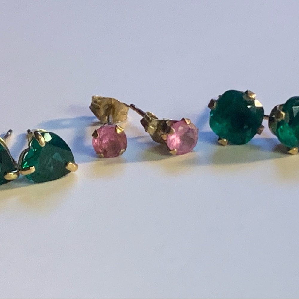 10kt Gold-Set Green and Pink Gemstone Stud Earring Set.